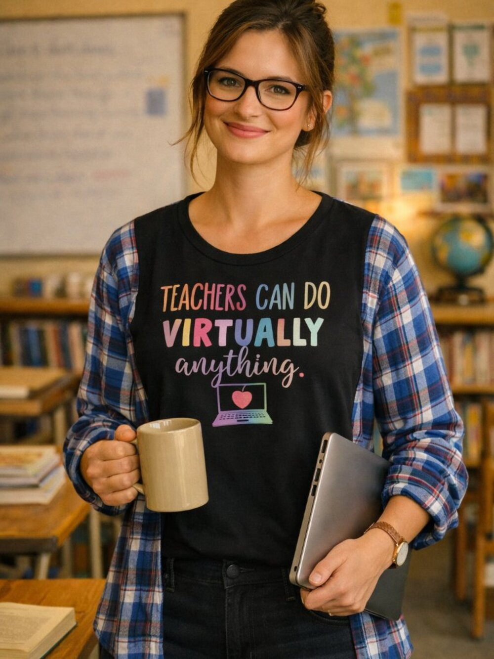 Upcycled Flannel Shirt, Reworked Oversized Pullover Shirt Teacher Graphic L-2XL